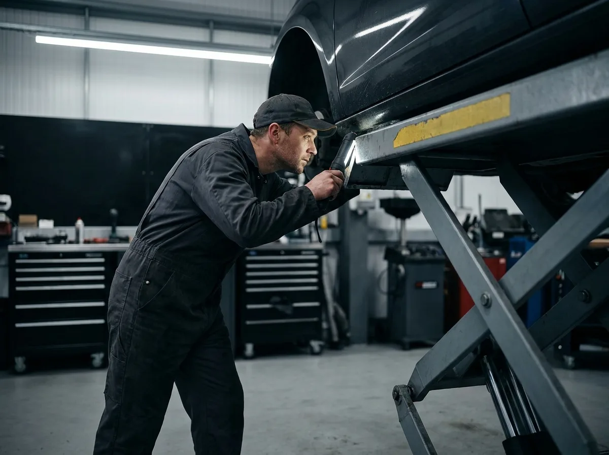 Mechanic inspecting a car on a ramp in a UK garage workshop