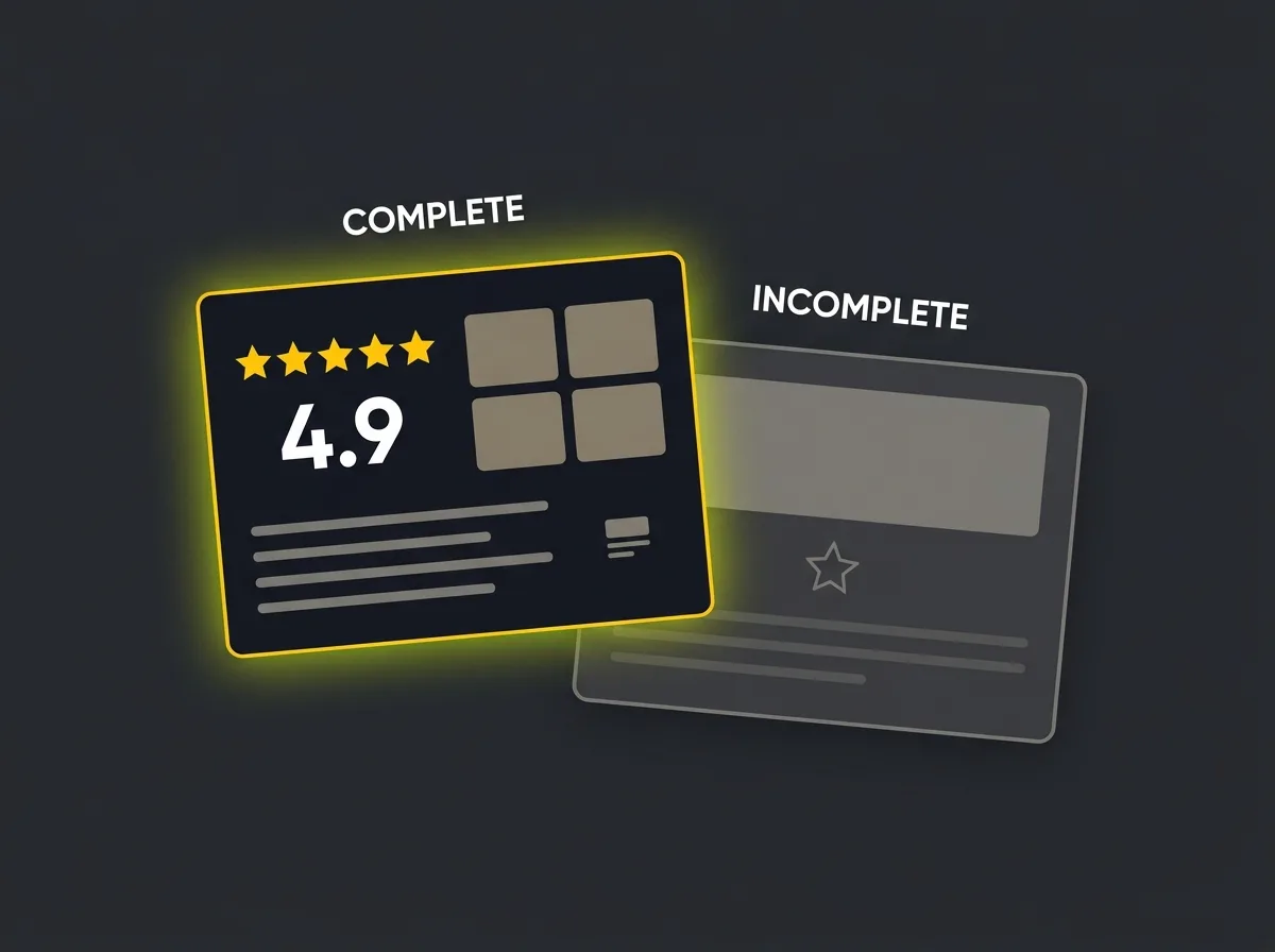 Side-by-side comparison of a complete and incomplete dealer Google Business Profile
