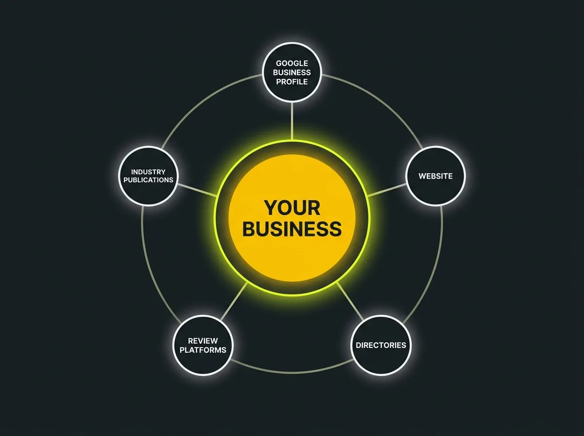 Knowledge graph diagram showing a business entity connected to multiple online presence touchpoints