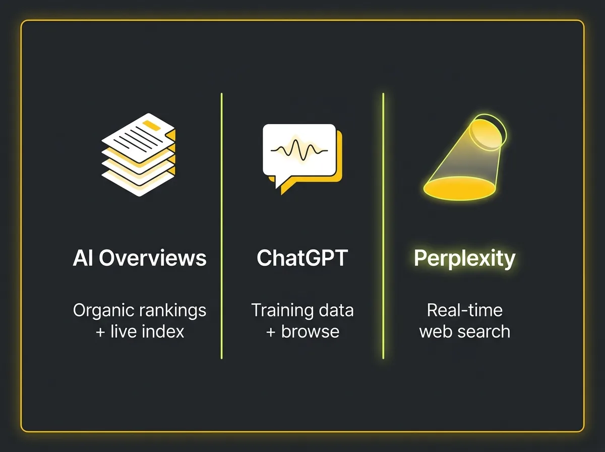 Three-column comparison of Google AI Overviews, ChatGPT, and Perplexity showing how each sources its answers