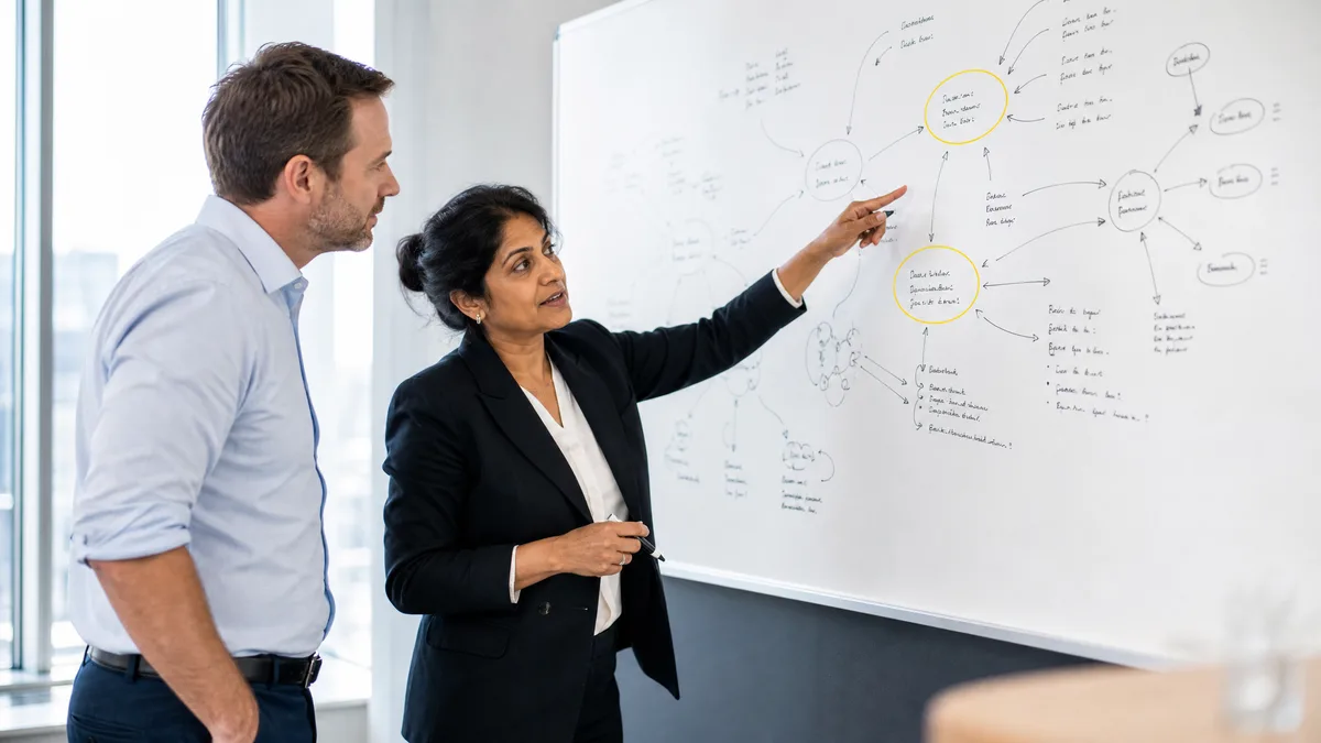 UK business professional at whiteboard discussing AI search strategy with colleague