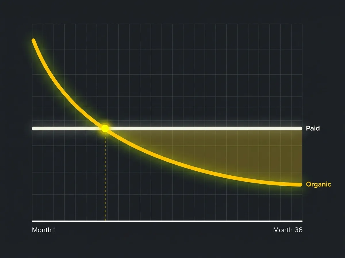 Line graph comparing organic and paid cost per lead over 36 months showing organic falling below paid