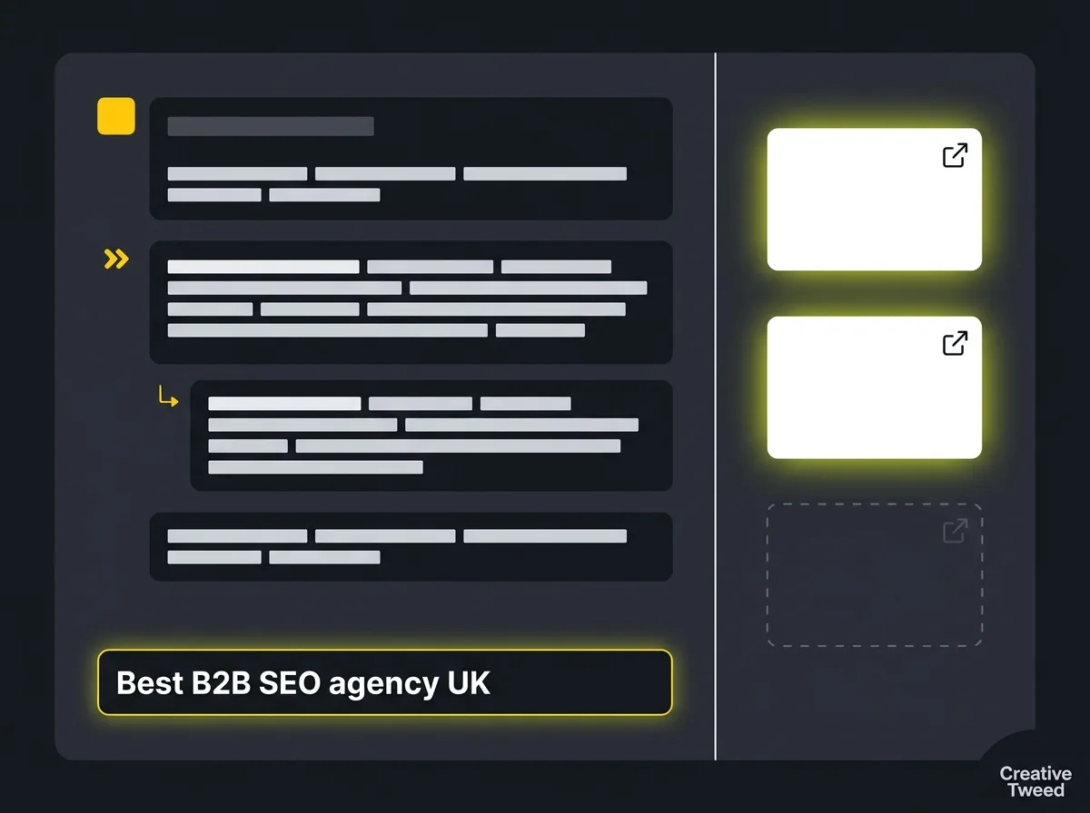 Stylised AI chat interface showing a B2B query with three source citations highlighted alongside the answer