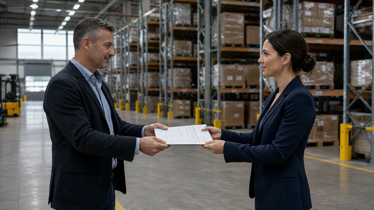 Two professionals exchanging documents in a warehouse setting.