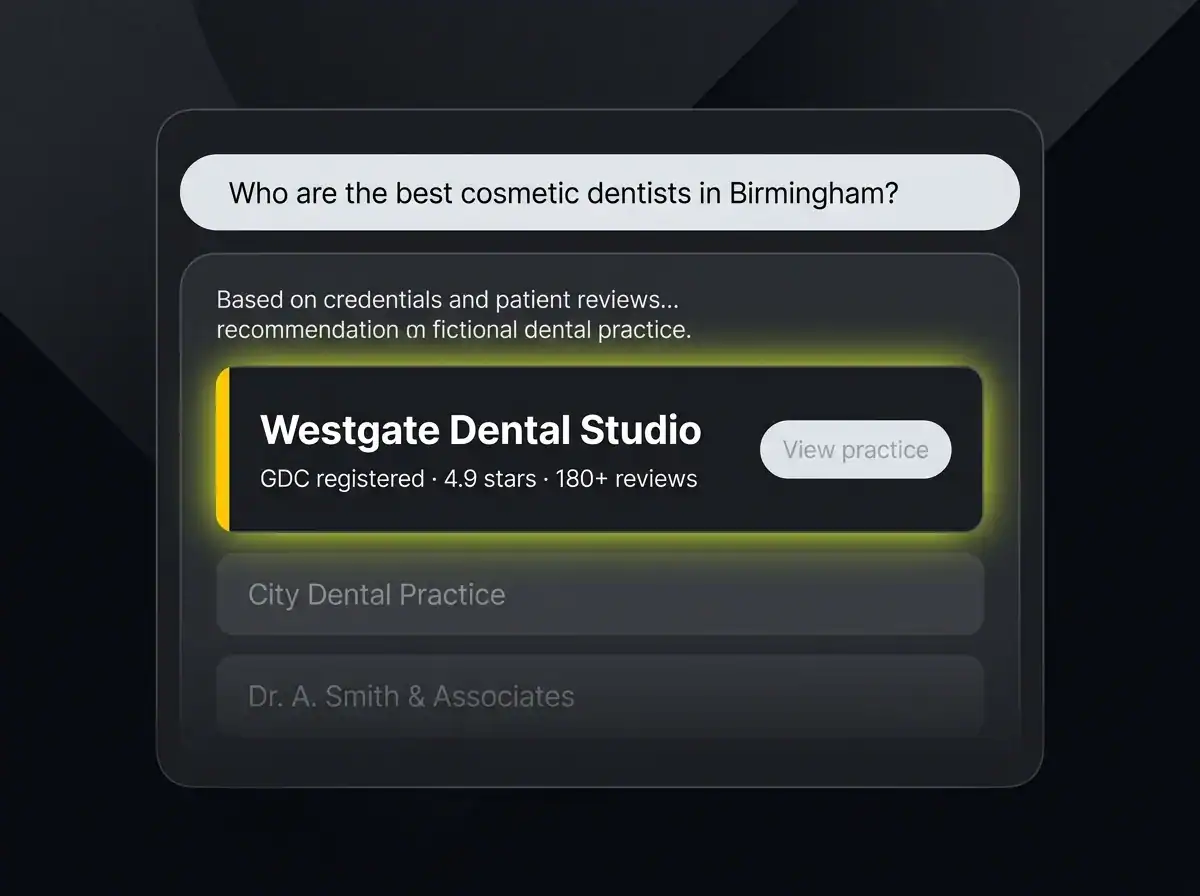Creative Tweed logo with dental practice search interface.