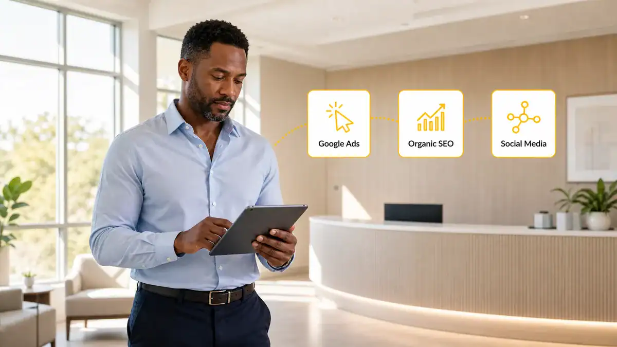 Businessman using tablet to review Google Ads, SEO, and social media strategies.