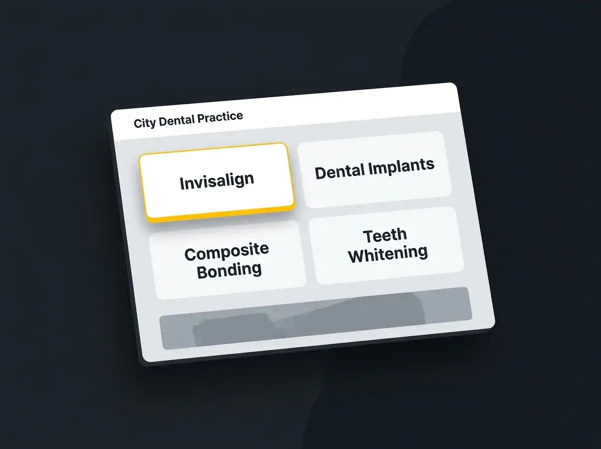 Dental services menu including Invisalign, implants, bonding, and whitening at Creative Tweed.