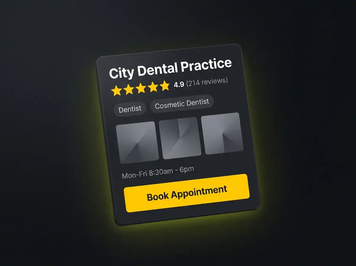 Dental practice review badge with 4.9 stars and booking button.