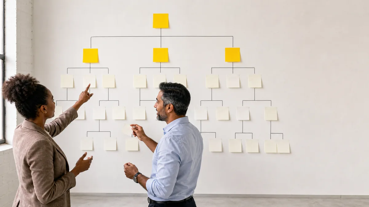 Two professionals discussing ideas in front of a project board with sticky notes.