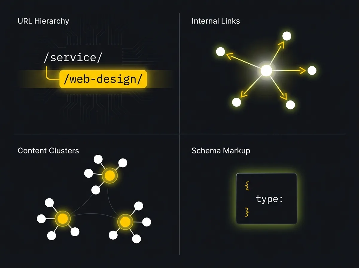 Four structural elements of a well-optimised website illustrated in a grid