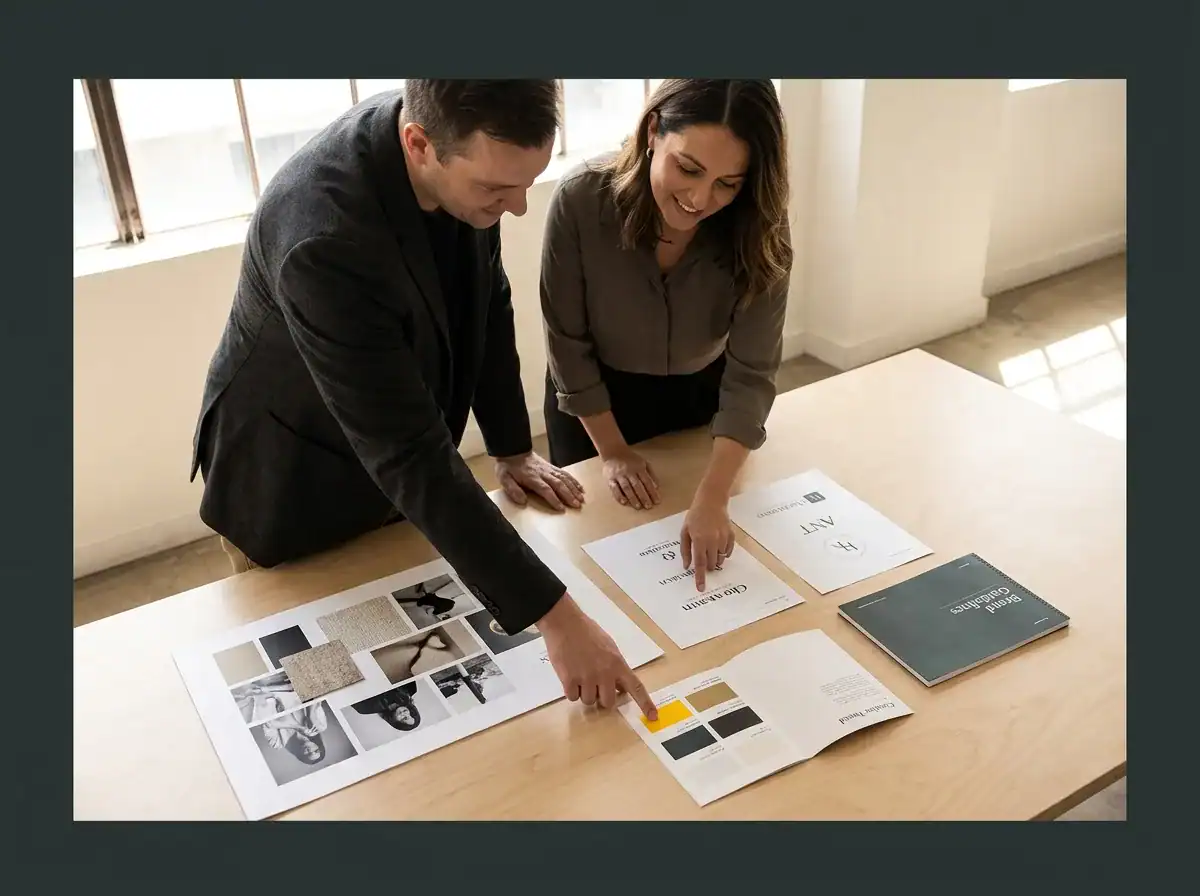 Brand consultant and clinic owner reviewing brand identity materials in a modern studio