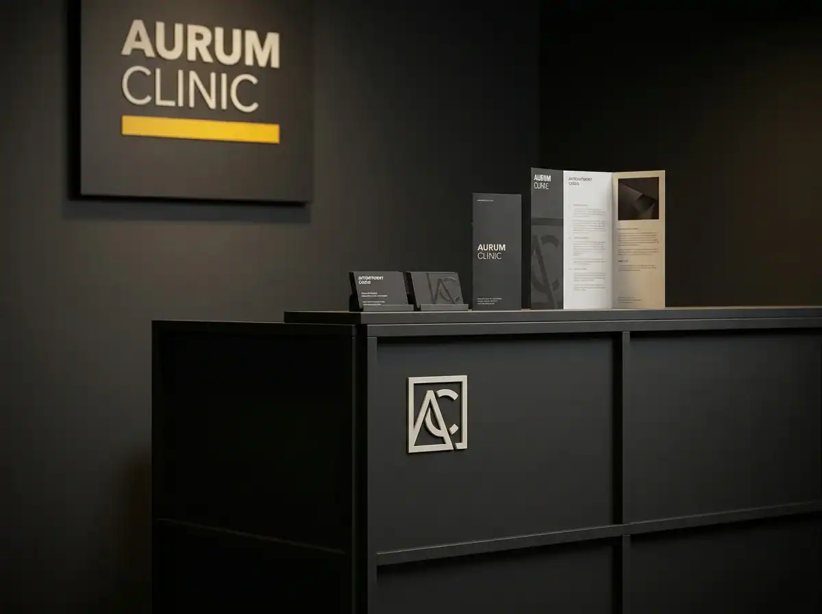 Premium private clinic interior with cohesive brand identity visible across signage and materials