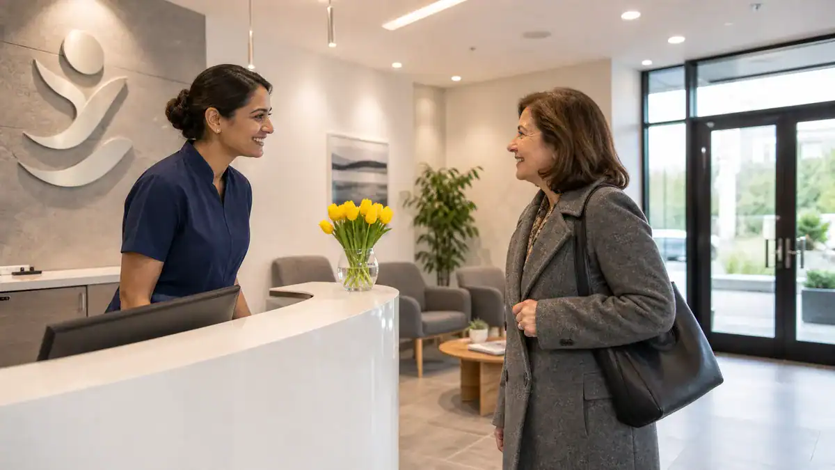 Smiling receptionist greeting a visitor at Creative Tweed.