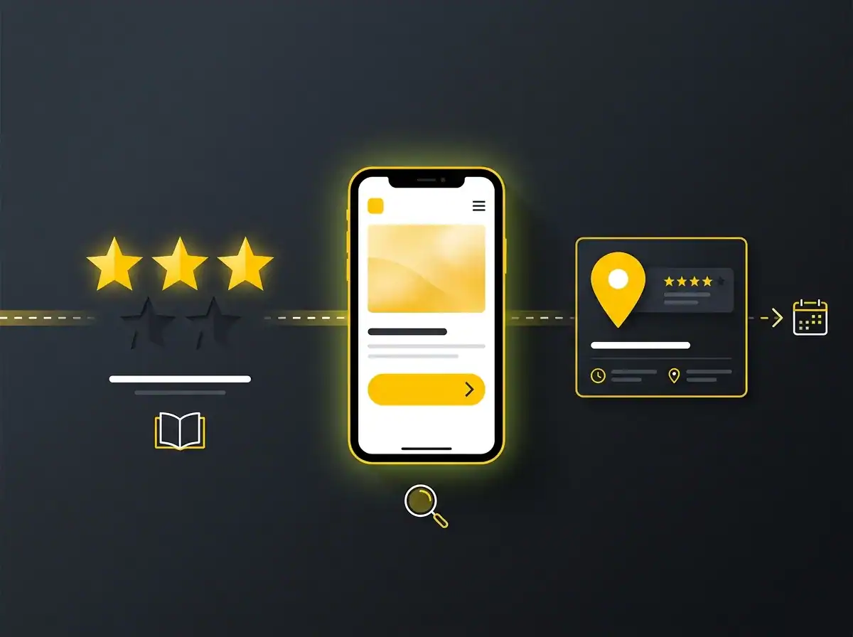 Stylised illustration of patient trust signals including reviews and clinic website