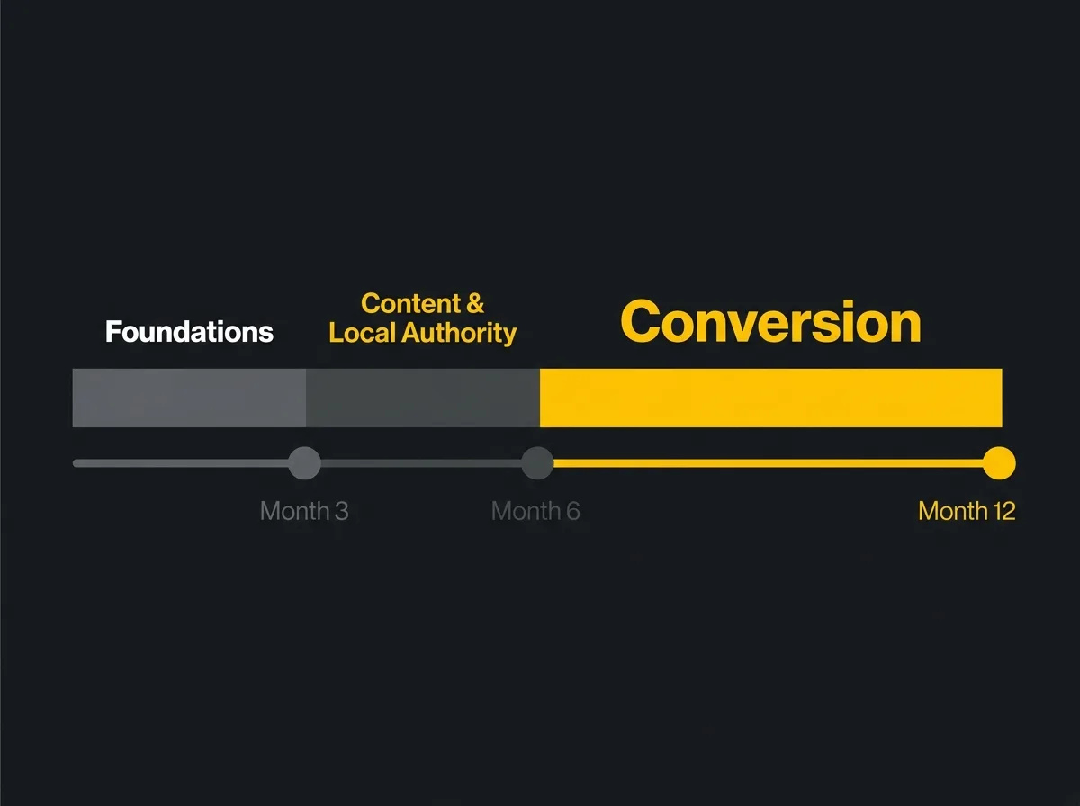 12-month law firm SEO programme timeline showing three phases and key milestones