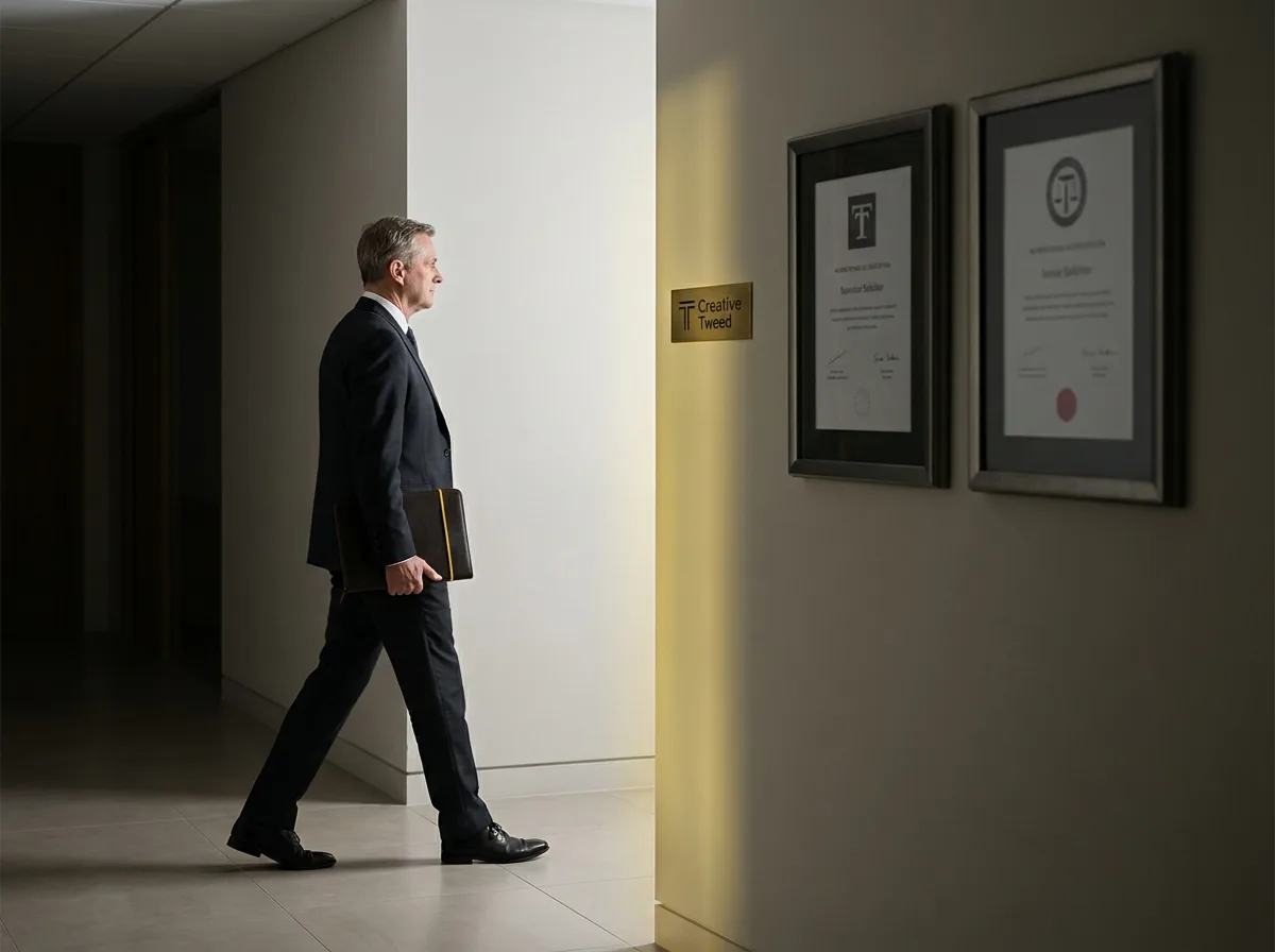 Senior solicitor in law office corridor with Lexcel and SRA accreditation visible on the wall