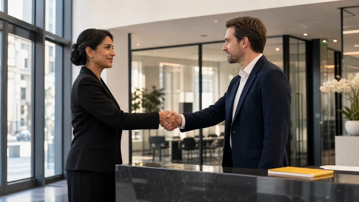 Solicitor partner welcoming a new client in a modern UK law office