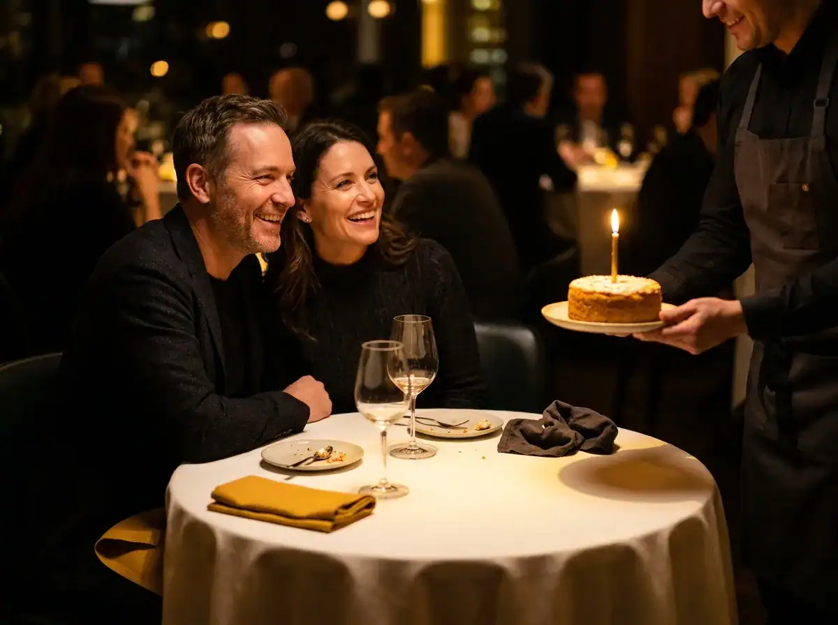 Happy couple enjoying birthday celebration at Creative Tweed restaurant.