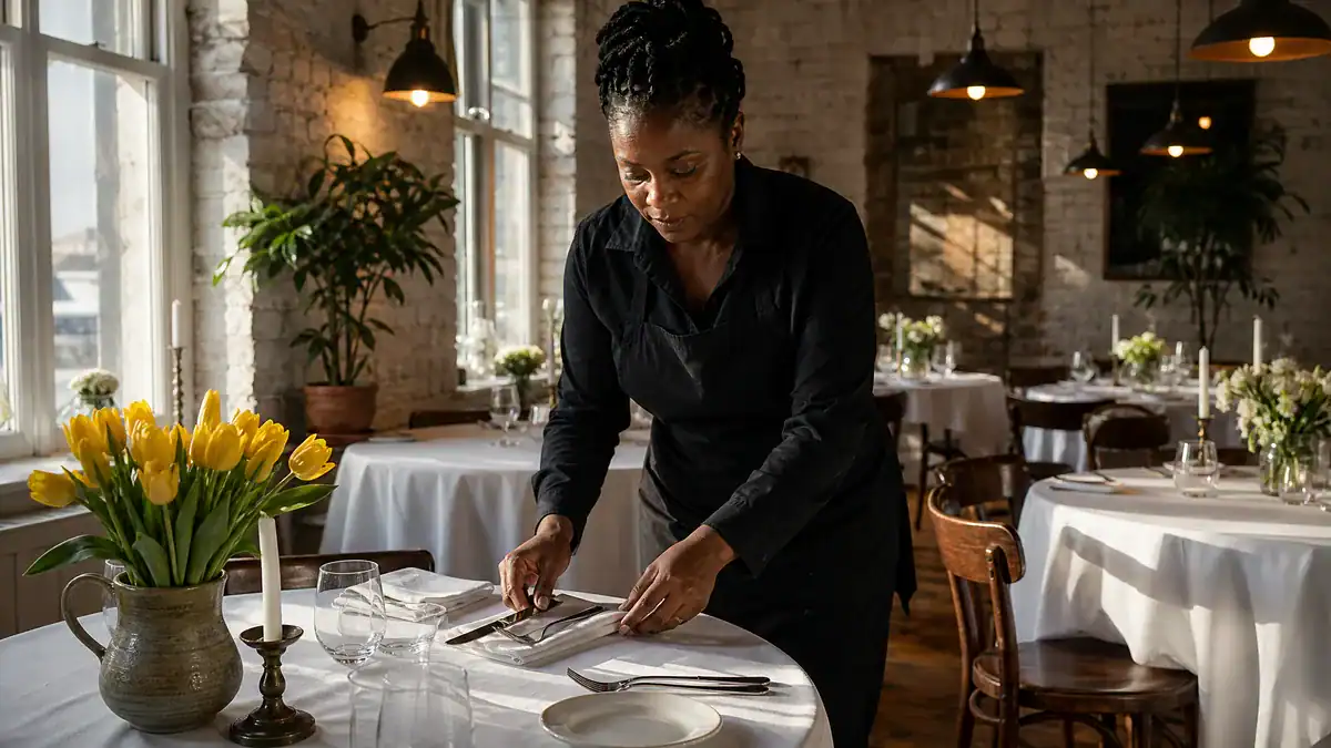 Woman setting table in a stylish restaurant with natural light and floral decor.
