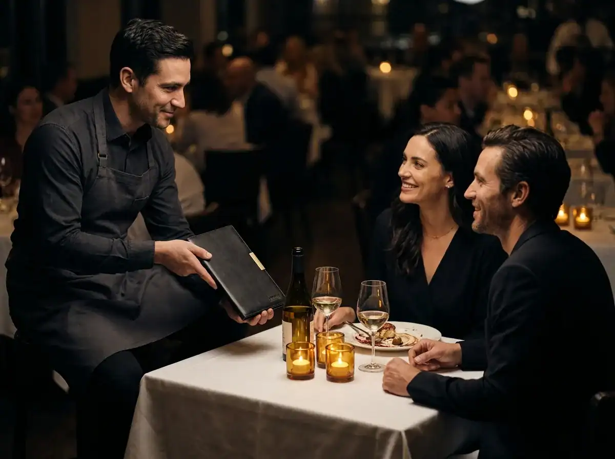 Restaurant server handing bill to a smiling couple at a candlelit table