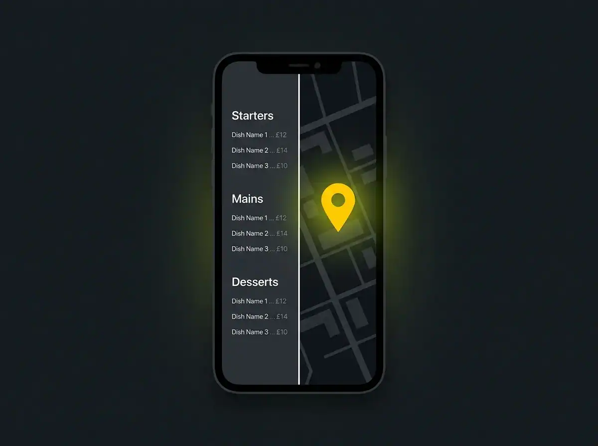 Mobile app screen showing food menu and delivery location map.
