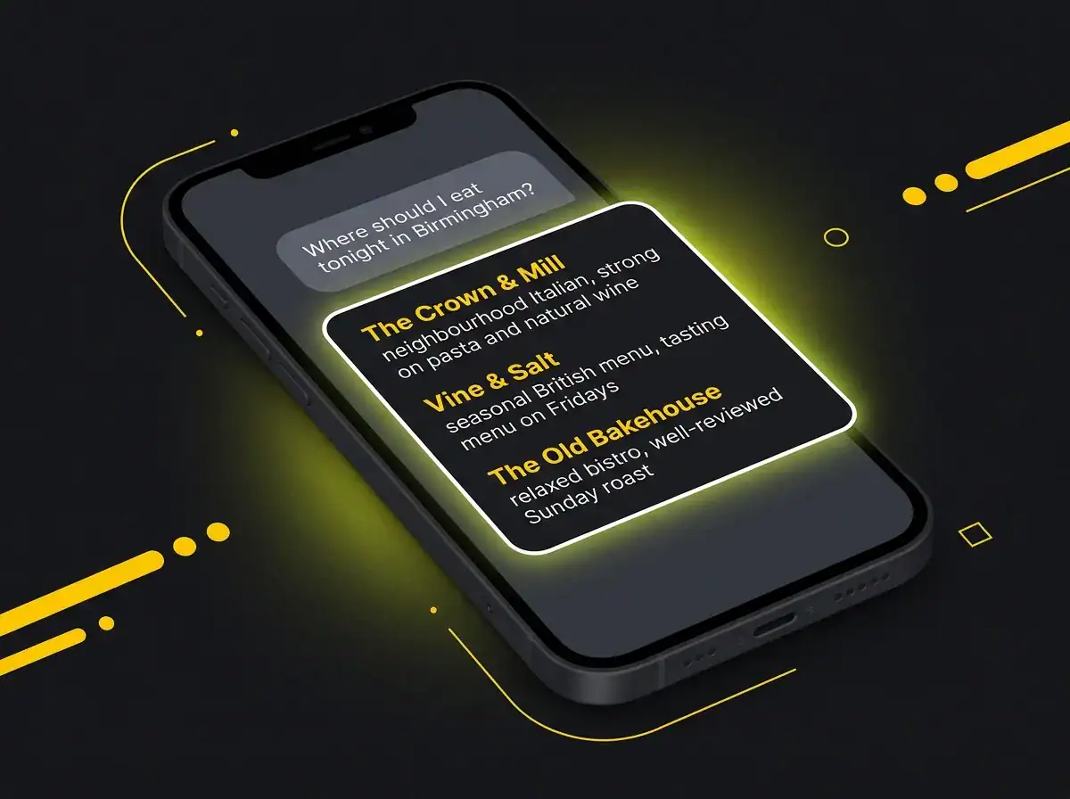 Mobile phone displaying food and drink options for Birmingham.