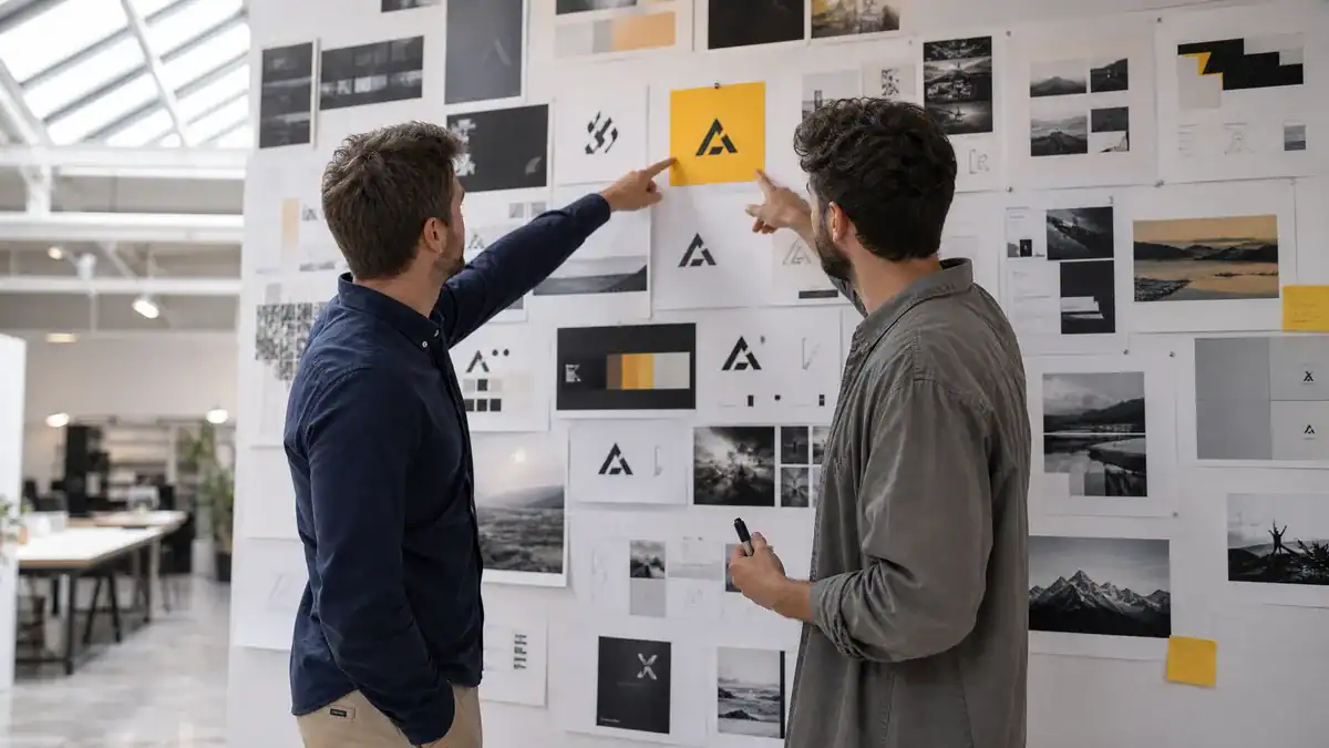 Two designers discussing logo concepts on a creative wall.