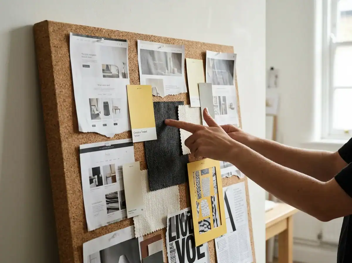 Hands pointing at a design mood board with printed screenshots and colour swatches