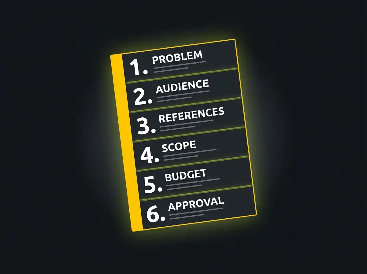 Illustration of a concise one-page design brief with six labelled sections