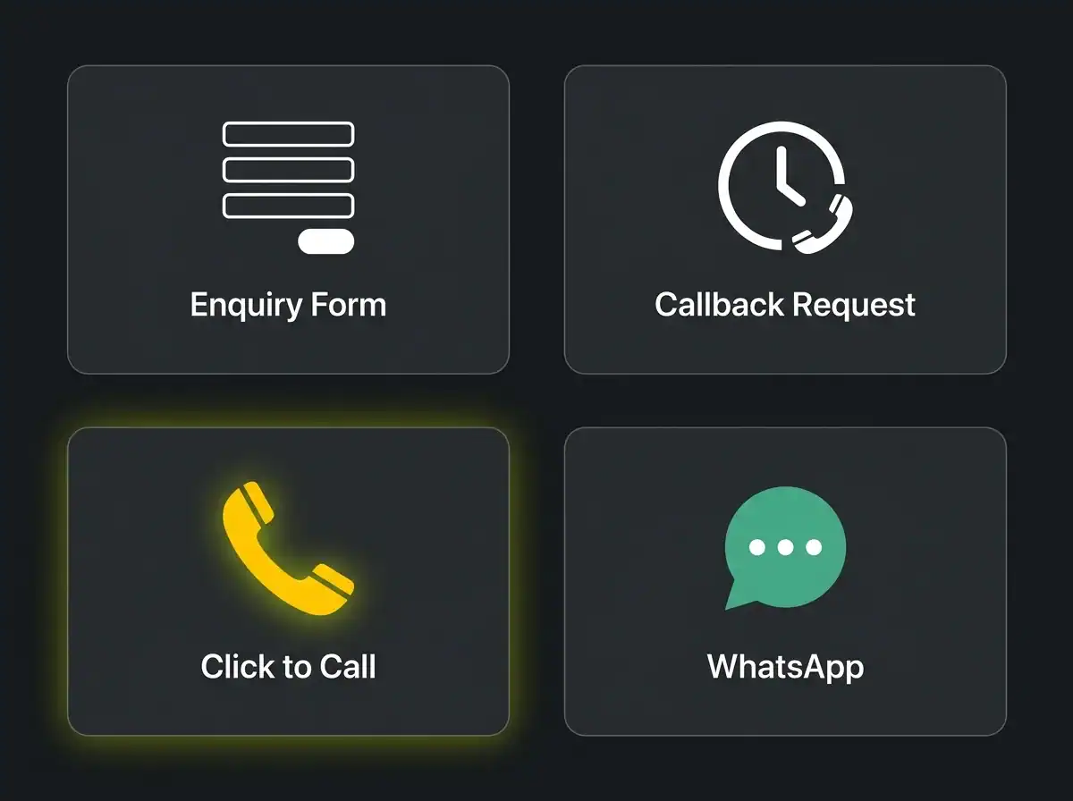 Contact options including call, WhatsApp, enquiry form, callback request.