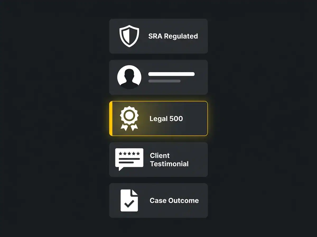 Illustration of five key trust signals on a UK law firm website