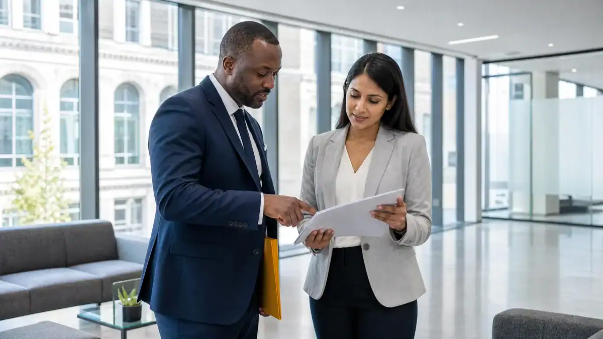 Two professionals discussing documents in a bright office space.