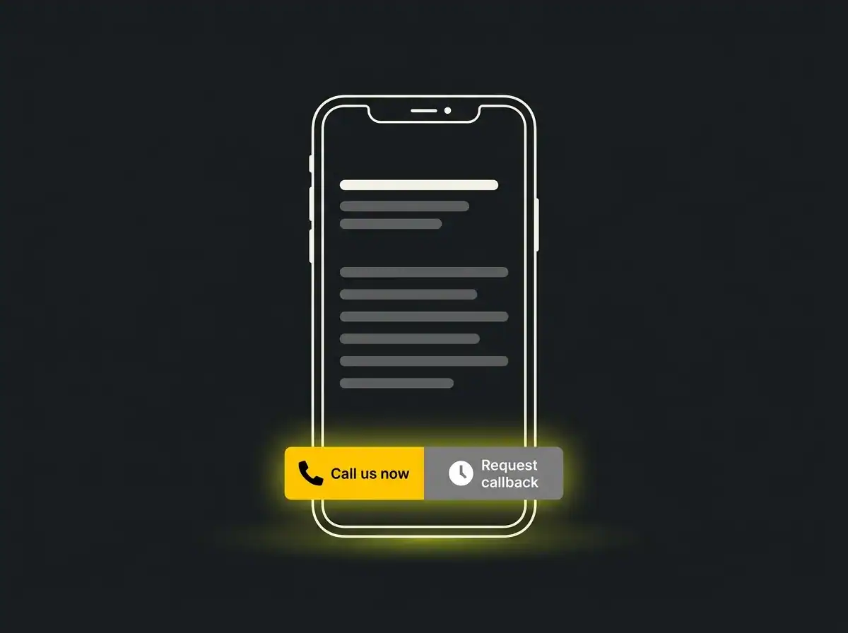 Smartphone screen with call to action buttons for calling and callback request.