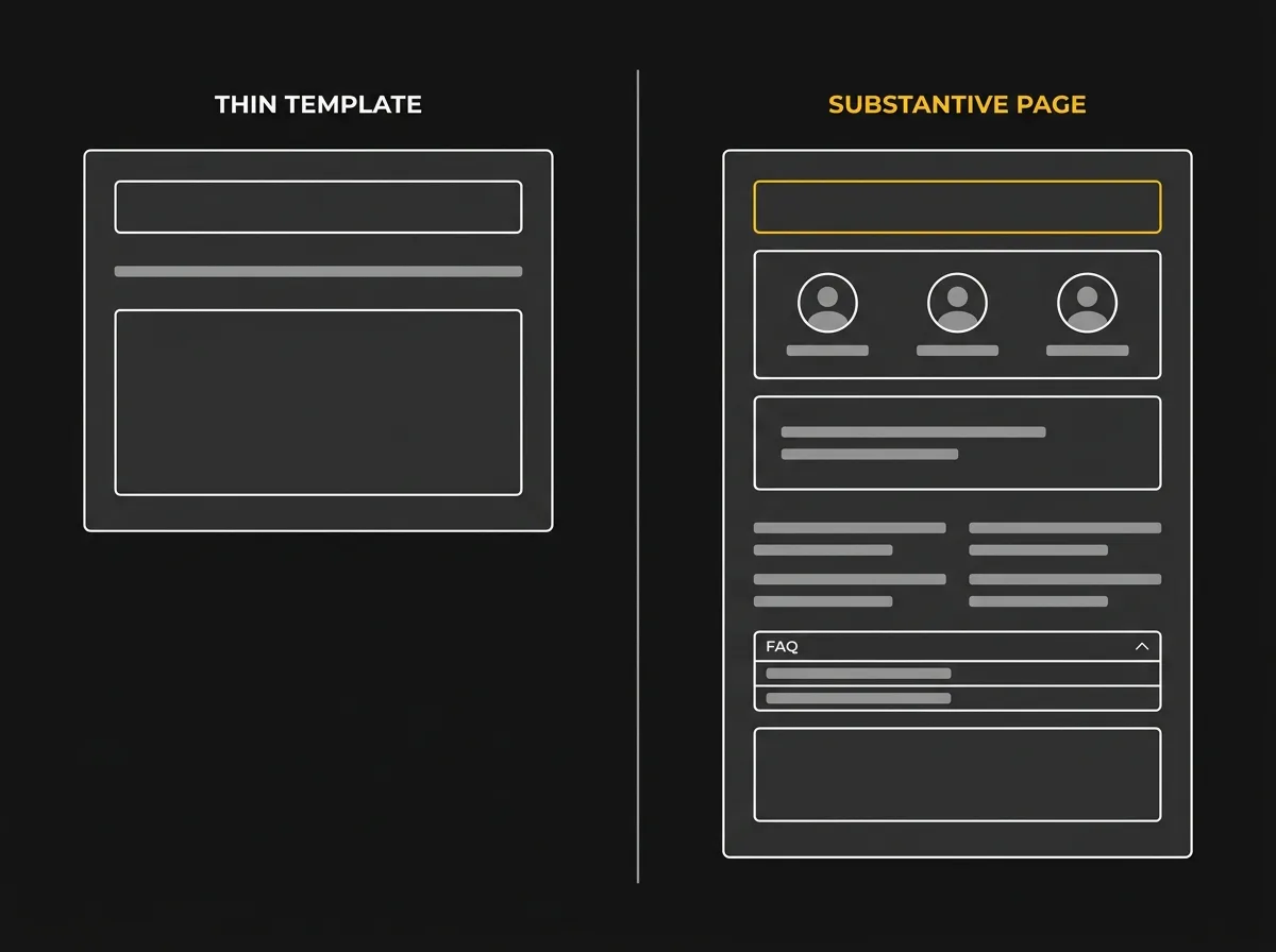 Annotated wireframe comparing a thin solicitor location page with a complete substantive one