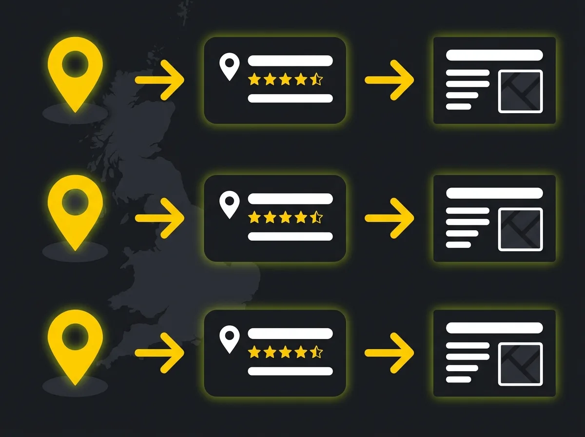 Diagram showing one Google Business Profile per solicitor office linked to its own location page