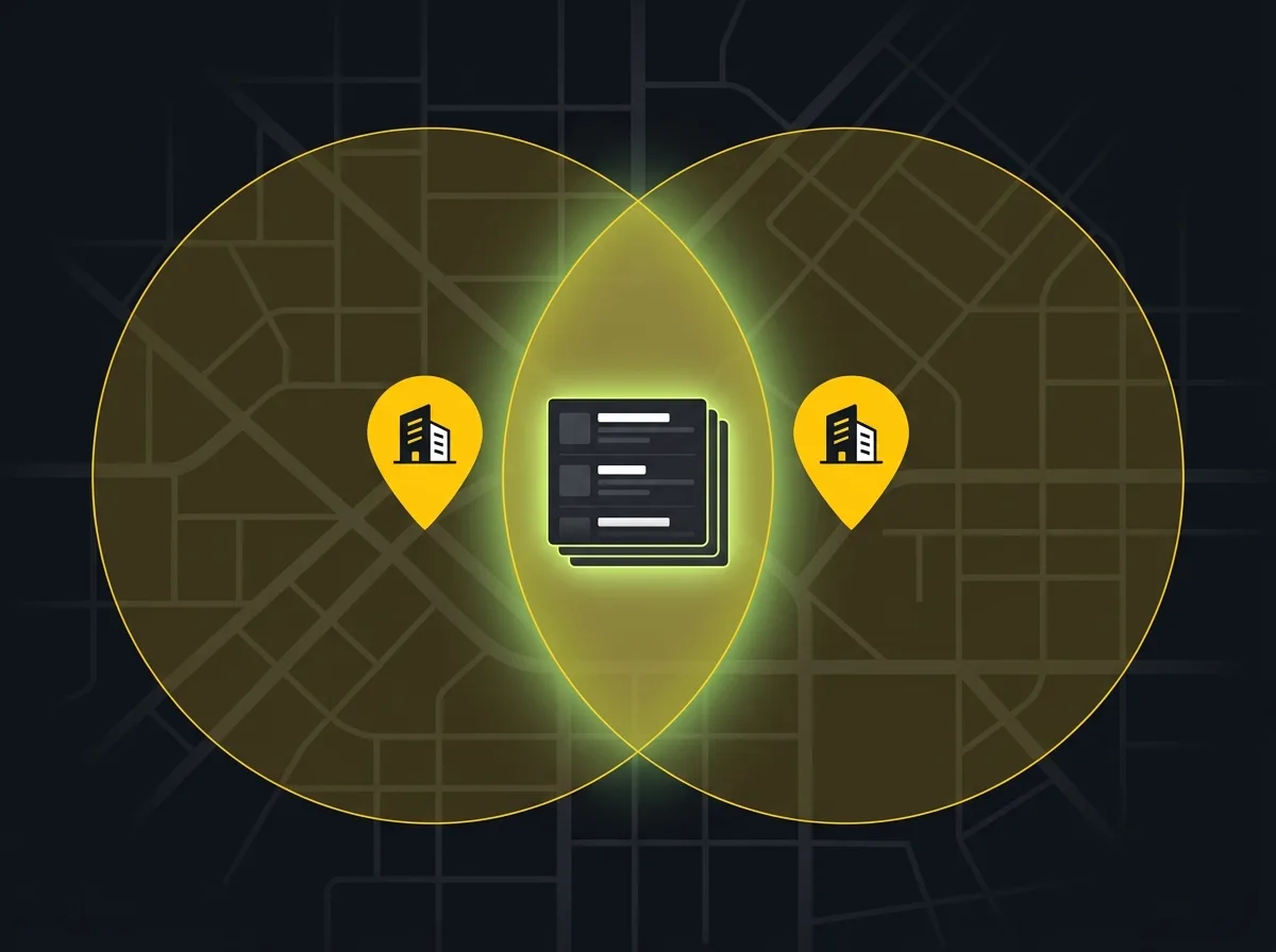 Map showing two nearby solicitor offices with overlapping local search coverage areas