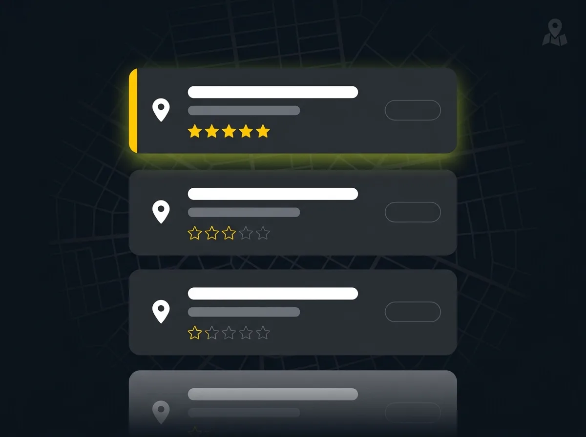 Stylised local map pack showing three solicitor firm cards and a faded fourth result below