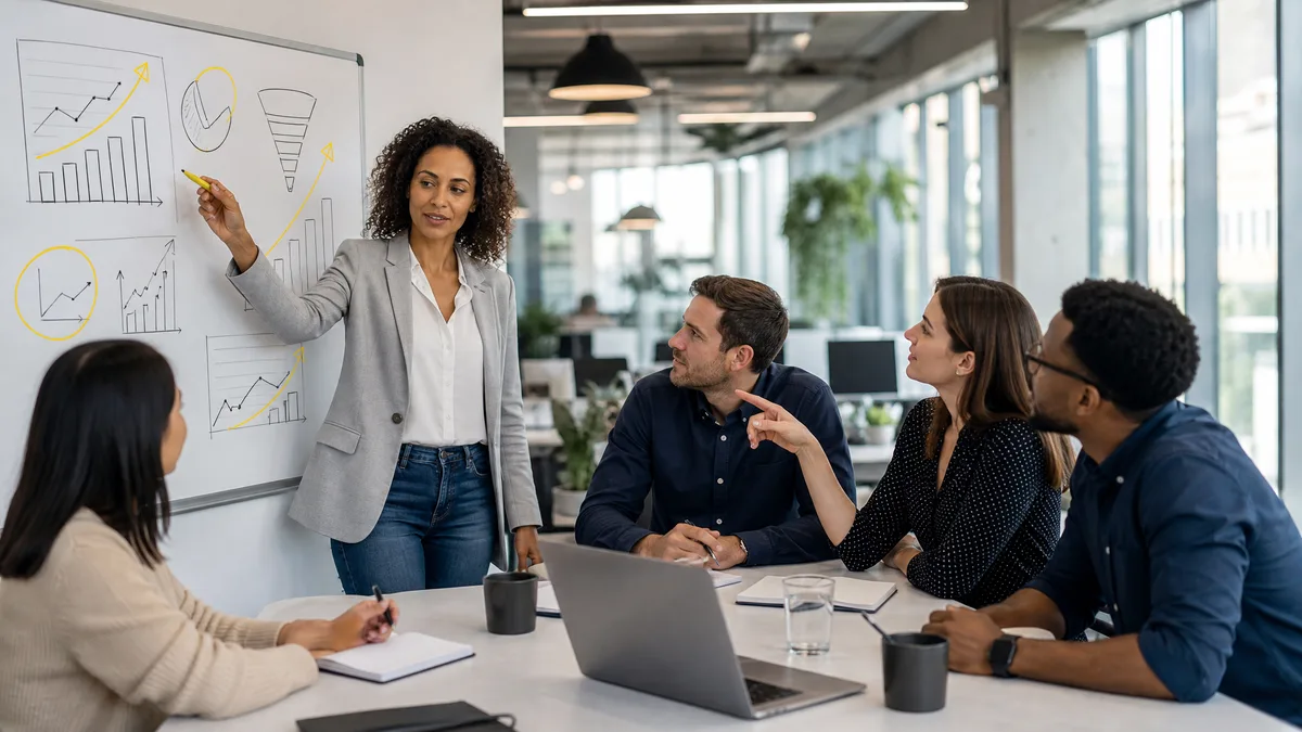 Business owner presenting marketing performance data on a whiteboard to their small team