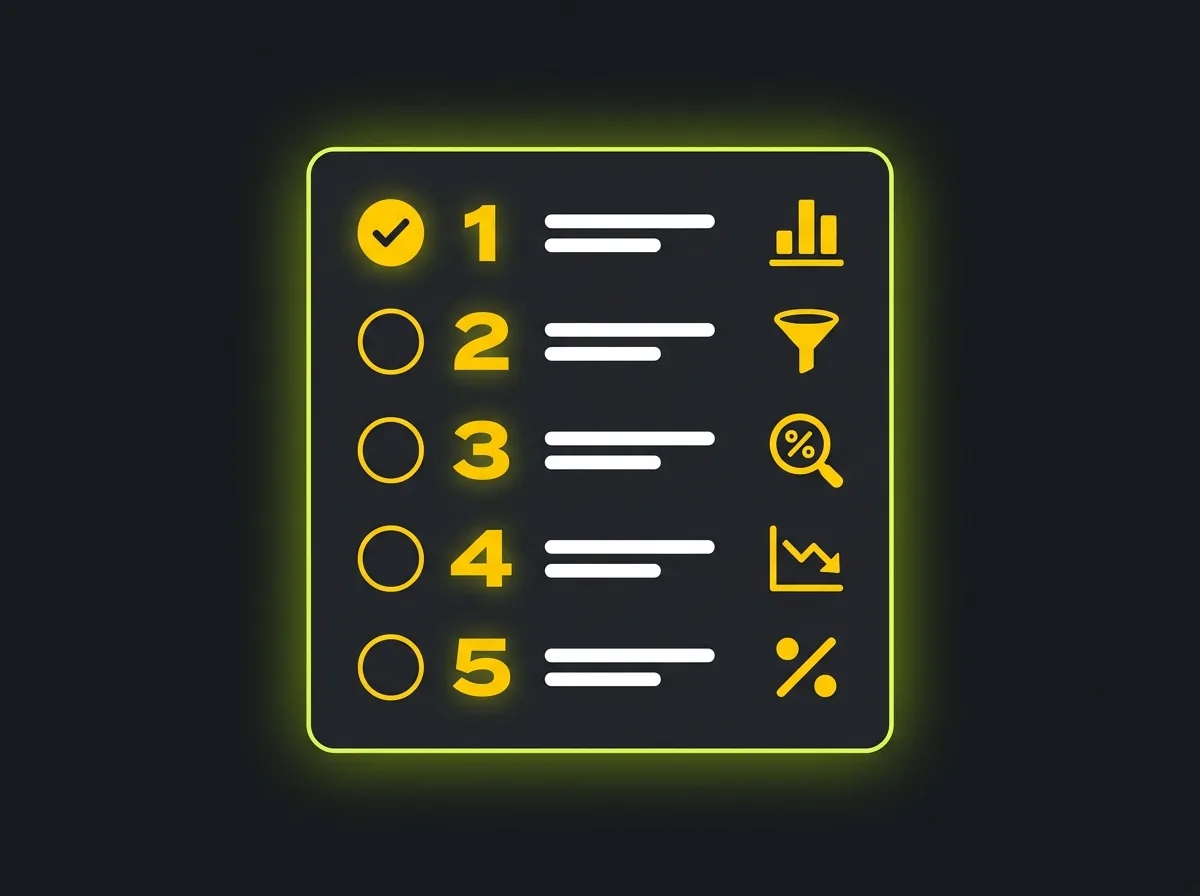 Illustrated checklist of five monthly analytics review questions with chart icons