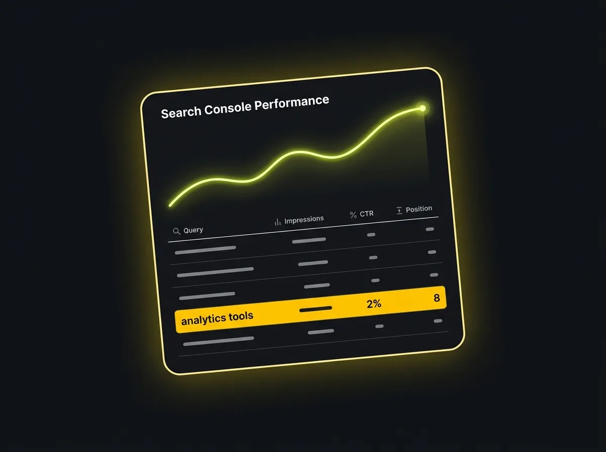 Stylised illustration of Google Search Console Performance report with queries and click data