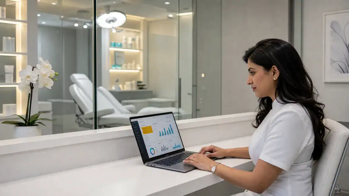 Businesswoman working on laptop at reception desk in modern office.