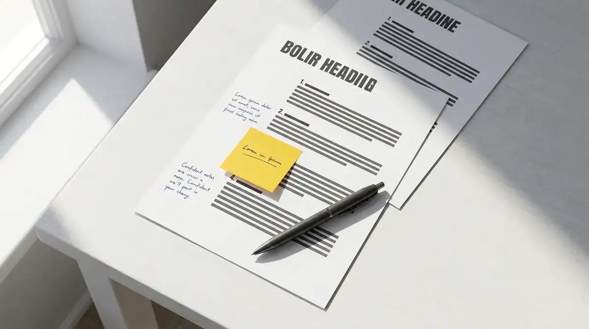 Desk with documents, sticky note, and pen in a bright office.