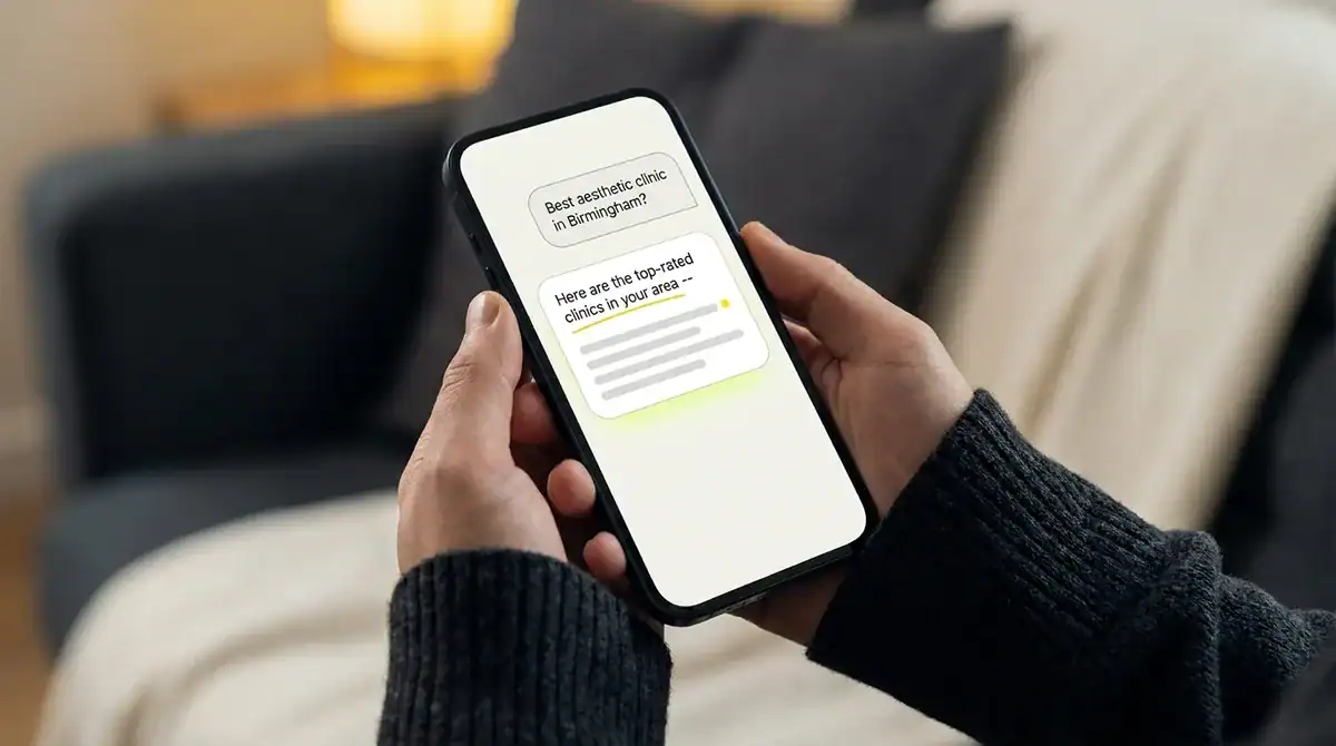 Person holding smartphone with messaging app on screen in a cozy living room.