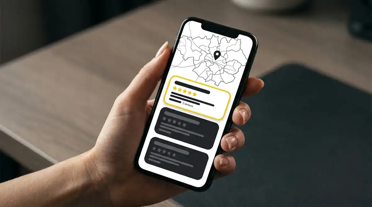 Person holding smartphone displaying map and review ratings.