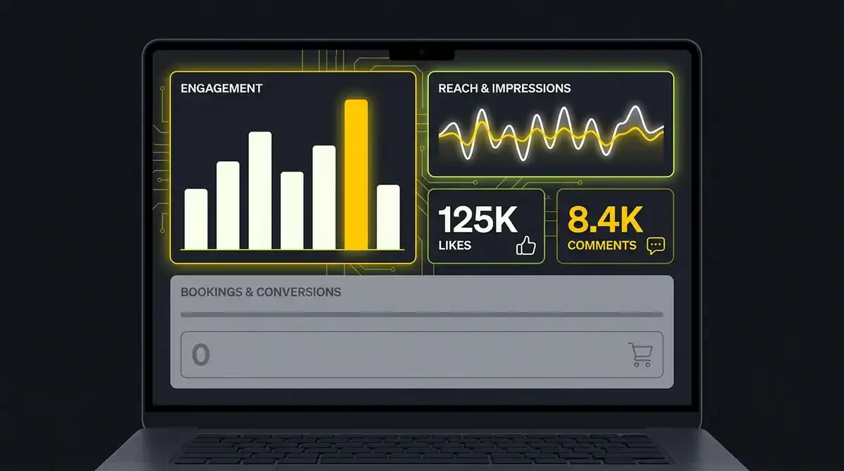 Analytics dashboard showing engagement, reach, impressions, likes, comments, and bookings.
