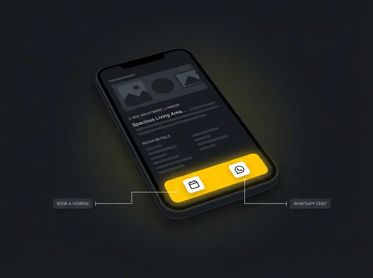 Mobile phone displaying booking and WhatsApp chat icons for property rental.