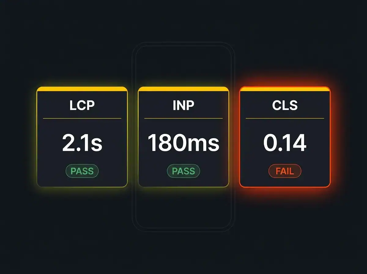 Core Web Vitals dashboard showing LCP and INP passing and CLS failing the threshold