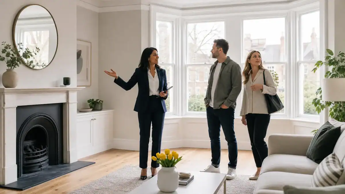 Real estate agents talking inside a bright, modern living room.