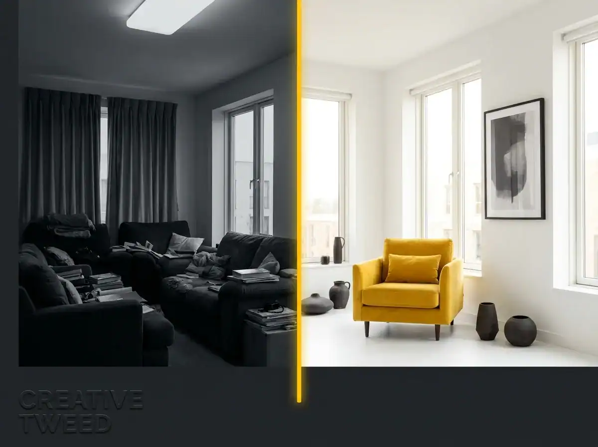 Side-by-side comparison of an unstaged property room versus a professionally staged and lit version