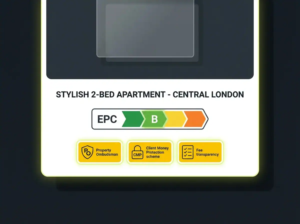 Stylised property listing card showing EPC rating and estate agent compliance membership badges